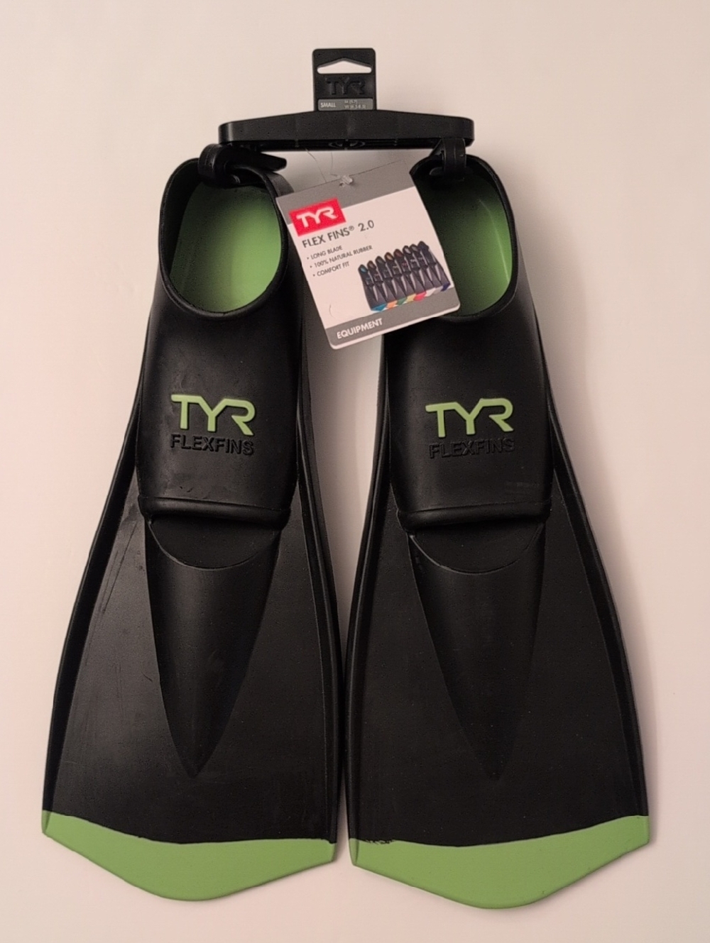 NWT TYR Flex Fin 2.0 Black Green Swim Training Fins Rubber Long Blade - Size XS